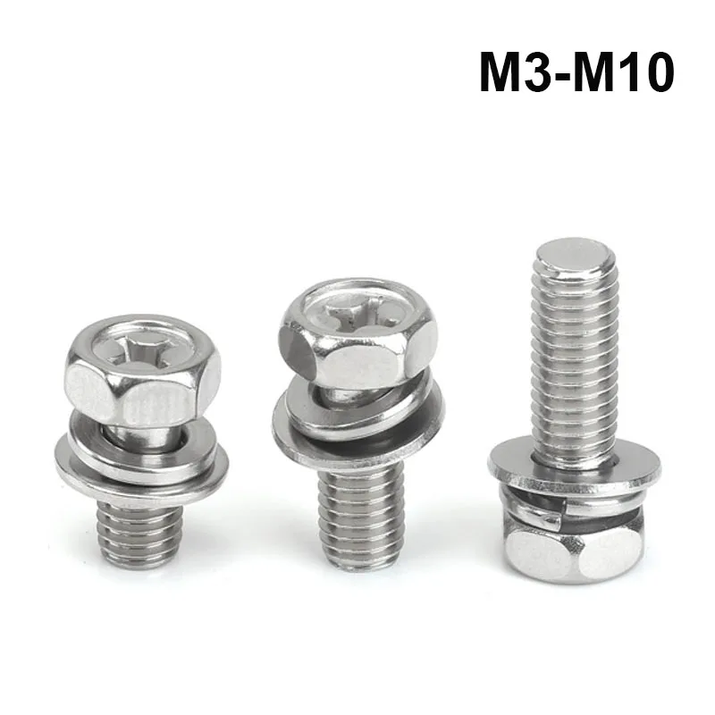 Vis à tête hexagonale encastrée cruciforme Phillips, M3, M5, M6, M8, M10, kit de jeu de rondelles à trois blocs, acier inoxydable 304