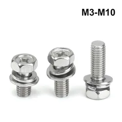 M3 M4 M5 M6 M8 M10 Phillips/Cross Recessed Hex Head Screw Three Combination with Washer set kit 304 Stainless Steel