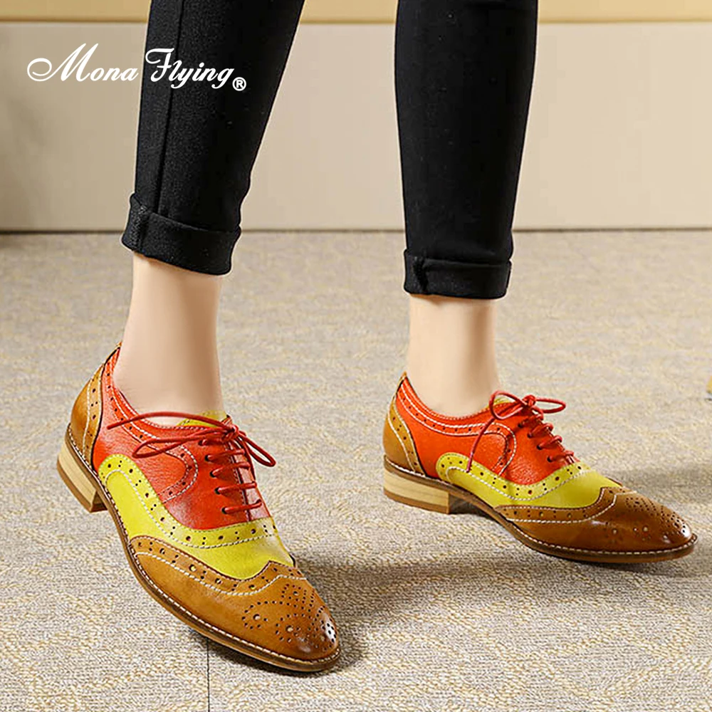 

Mona Flying Women Genuine Leather Wingtip Oxfords Brogues Handmade Casual Flats Perforated Lace up Shoes for Ladies FLX19-1