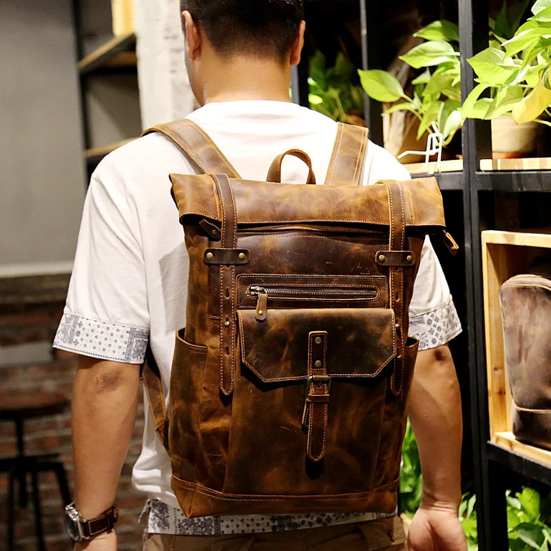 2023 New Style Men\'s Leather Backpack Vintage Fashion Men Male Travel Bag Laptop Bagpack For Male Cowhide Male Bag Anti theft