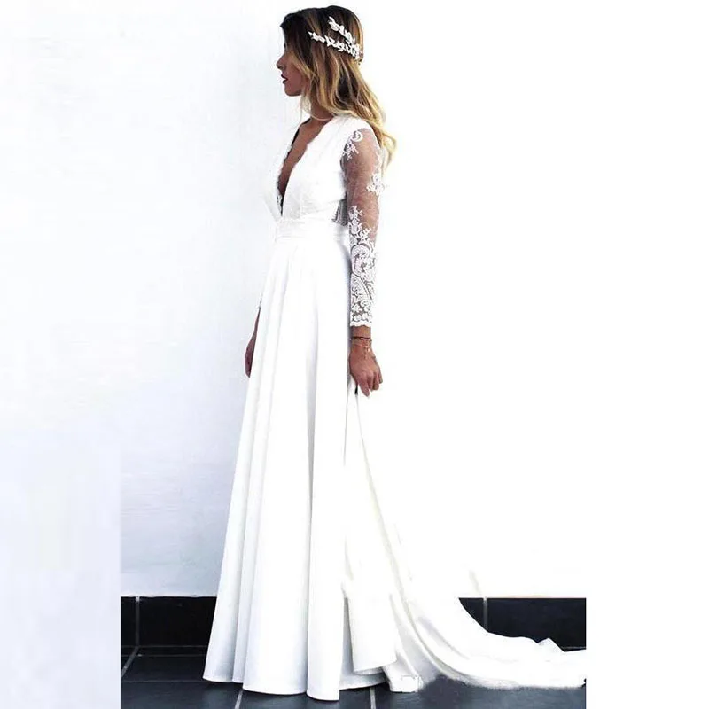 On Sale Long Sleeve Wedding Gowns 2024 White Lace Bridal Gowns Deep V Neckline Bride Dress Back Out Wedding Dresses Customized