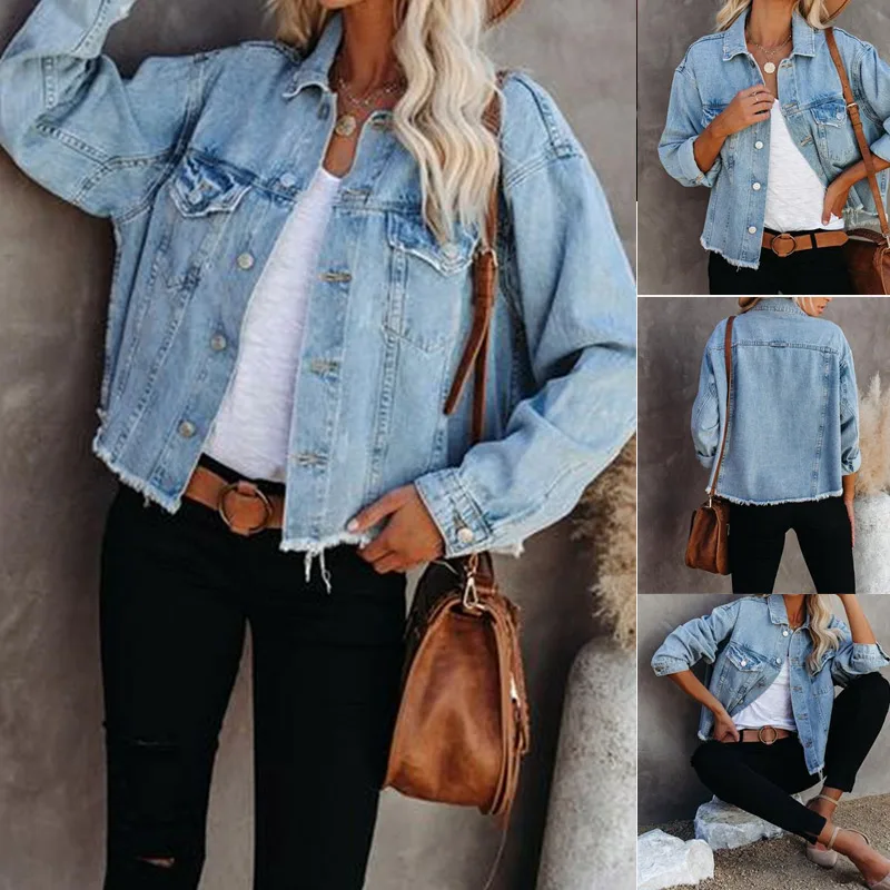 Décontracté automne bleu lavé Denim vestes courtes femmes à manches longues col rabattu simple boutonnage femme manteau Streetwear