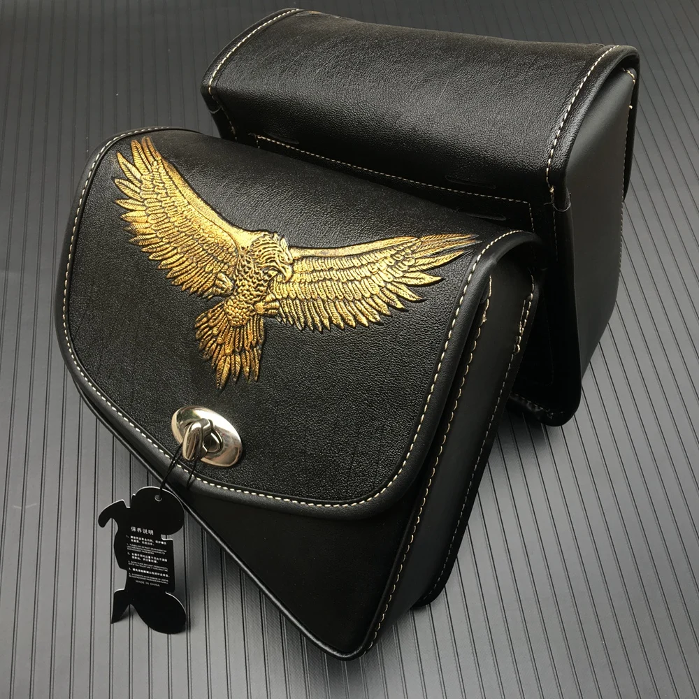 For Honda Yamaha Suzuki Harley Sportster XL 883 Black PU Leather Saddle Bag Motorcycle Luggage Eagle Left Right Side Saddle Bag