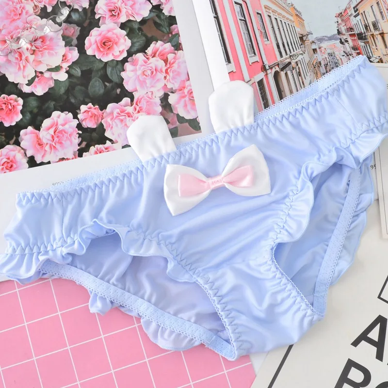 Leechee Milk silk panties Japanese cute rabbit ears girl ruffle bow low waist briefs women\'s breathable Kawaii seamless panties