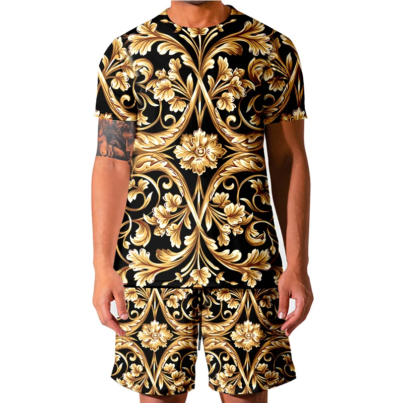 LCFA Brand Men Luxury Royal Baroque Golden Flower Tshirt Summer 3D Print Men\'s Short Sleeve Suit 2-piece Homme Clothes Tops Vest