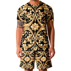 LCFA Brand Men Luxury Royal Baroque Golden Flower Tshirt Summer 3D Print Men's Short Sleeve Suit 2-piece Homme Clothes Tops Vest