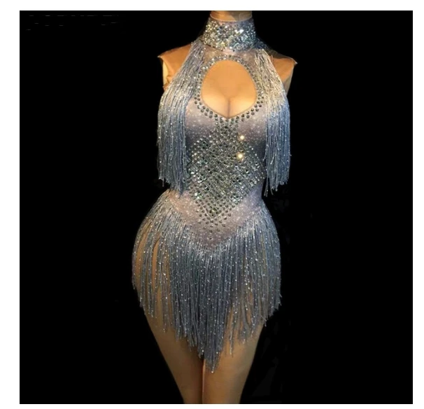 

4 Colors Crystals Zentai Skinny Jumpsuit Silvery Rhinestones Tassels Bodysuit Nightclub Women Sexy DJ DS Costume Dance Wears