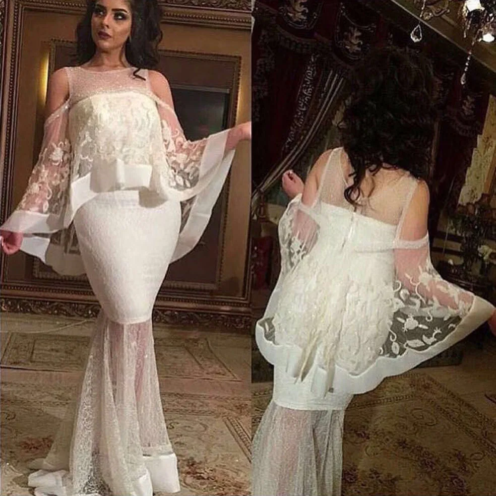 2018 Wedding Designer Jewel Cut De Schouder Geappliceerd Mermaid Lace Prom Gown Met Cape Moeder Van De Bruid Jurk