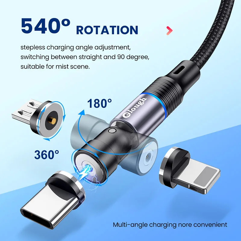 Elough LED Magnetic Cable Micro USB Type C Cable Fast Charging For iPhone 13 12 11 Pro Xiaomi 540 Rotate Magnet Charger USB Cord