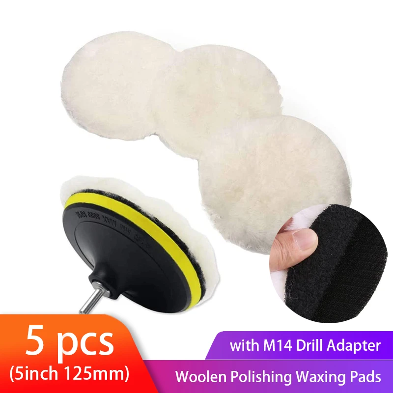 5pcs Wool Buffing Polishing Pad Set Wool Wheel and Polishing Pad Woolen Polishing Waxing Pads Kits with M14 Drill Adapter