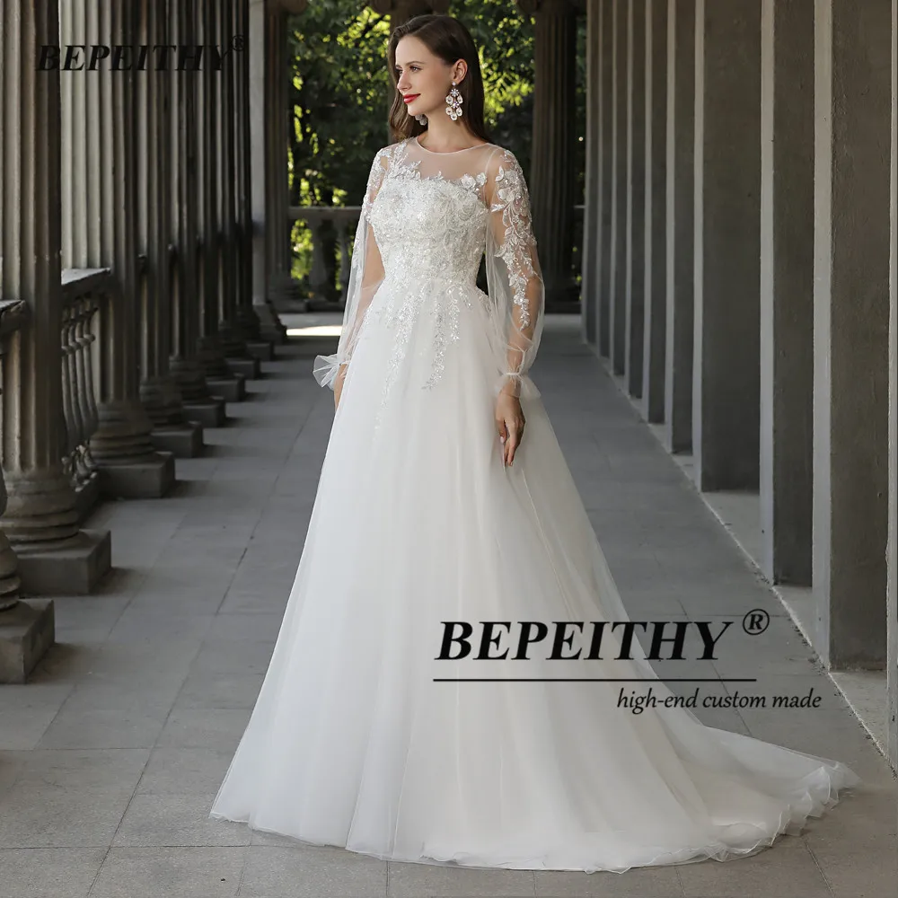 BEPEITHY Customized Long Sleeves A Line Wedding Dress For Women Sweep Train Lace Bridal Gowns 2023 O Neck Vestidos De Novias