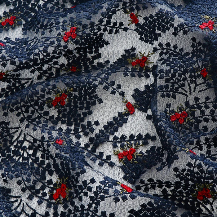 High quality dark blue soft yarn fabric Red floret embroidery tissu custom dress cheongsam tissus