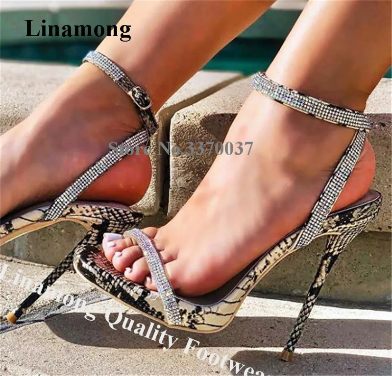 

Linamong Charming Open Toe Snake Leather Rhinestone Straps Stiletto Heel Gladiator Sandals Shining Crystal High Heel Sandals