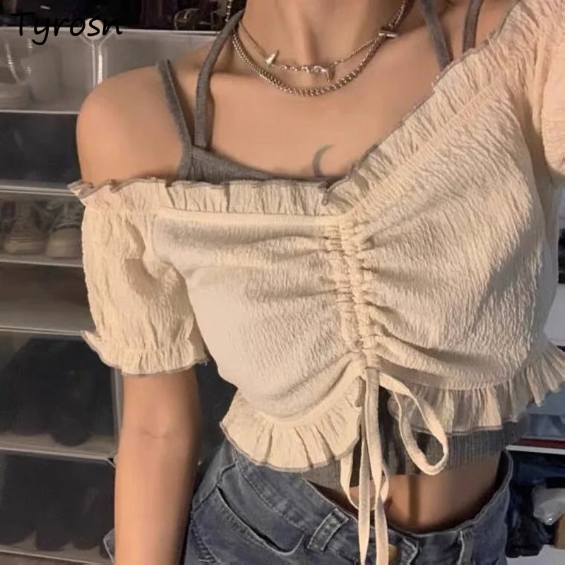 Women Sets Cropped Shirt Camisoles 2Pcs Sweet Girls Ruffles Shirring Solid Short Puff Sleeve Slash Neck Slender Ulzzang Lovely