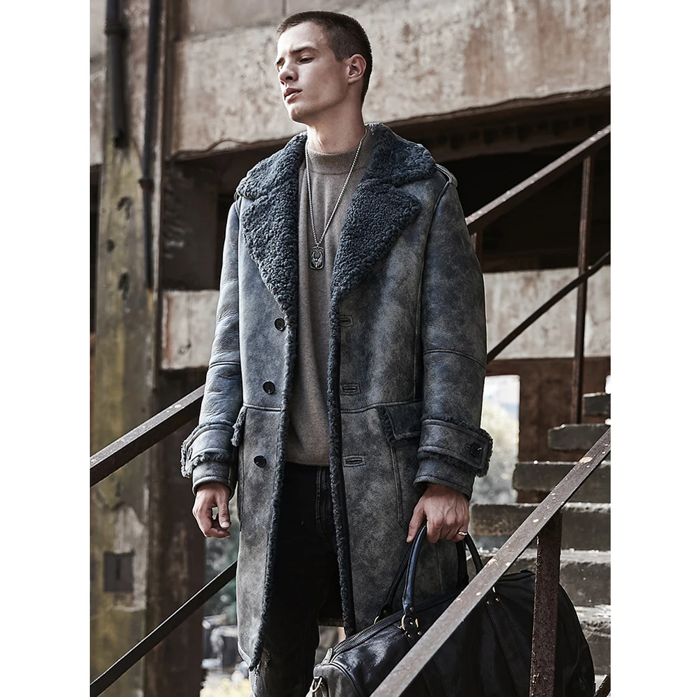 2019 New Mens Gray B3 Shearling Jacket Sheepskin Coat Long Fur Coat Thick Fur Jacket Mens Winter Coats