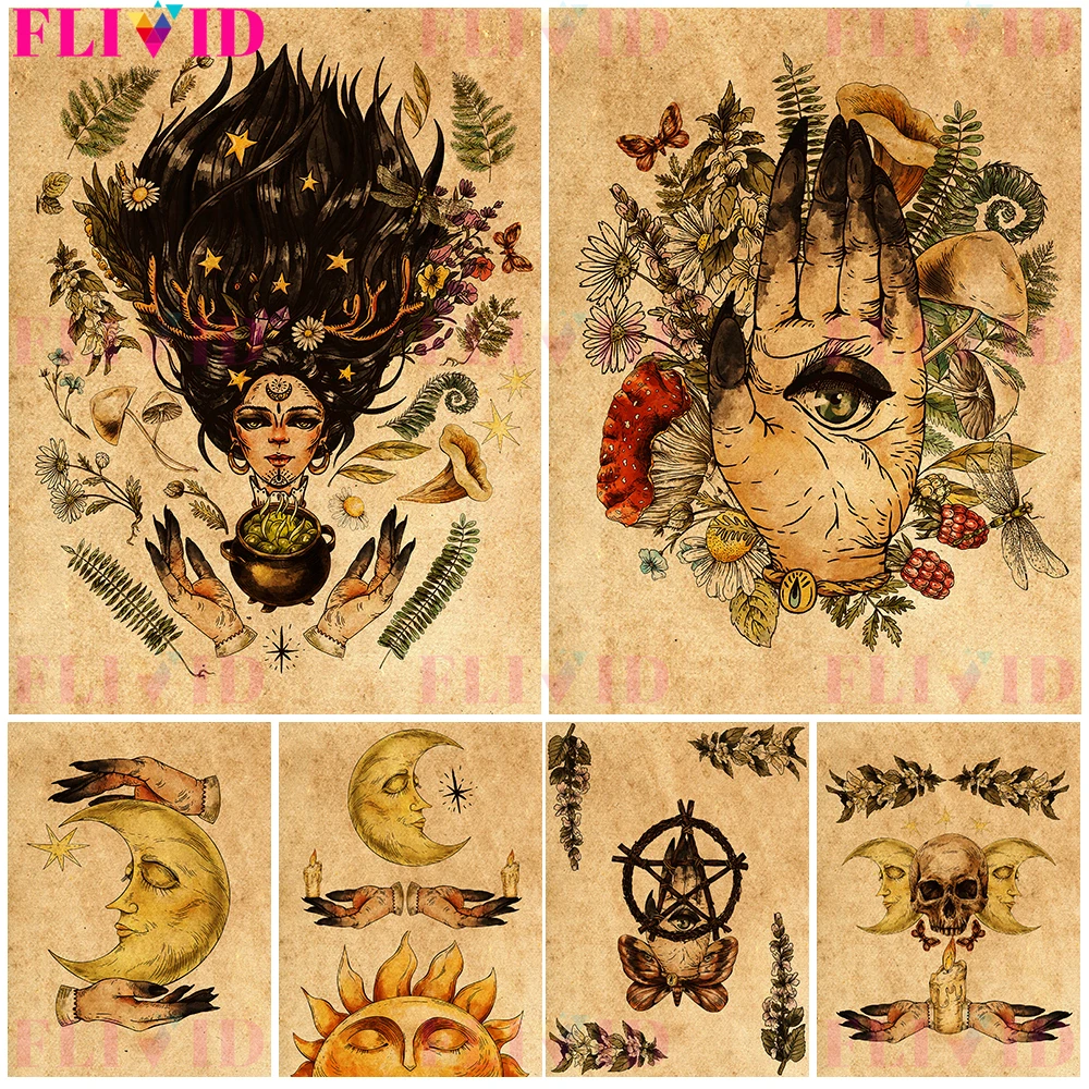 

Gypsy Moon Witch Divination Magic Wall Art Canvas Painting Retro Sun And Moon Art Poster And Print for Living Room Decoration