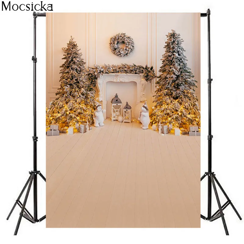 Mocsicka Christmas Photography Background Fireplace Christmas Tree Wind Lantern Decoration Baby Shower Photo Backdrop Studio