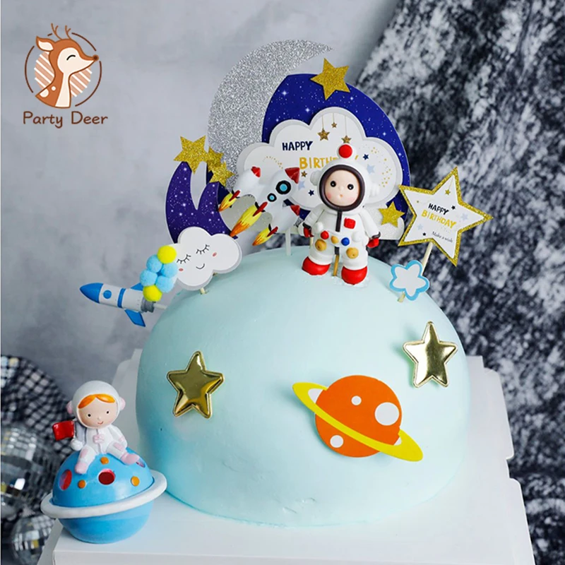 Outer Space Themed Party Astronaut Rocket Spaceship Adventure Decors Happy Birthday Cake Topper for Kids boy Party Decoration