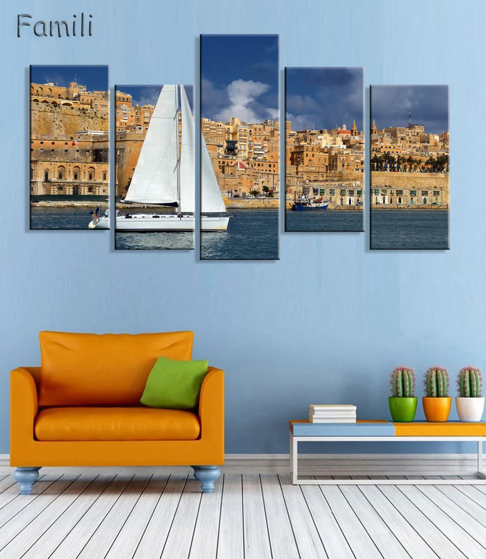 5Pieces/set Frameless Canvas Painting sailboat Painting for Living Room Wall Art Posters and Prints Modern Pictures Decoration