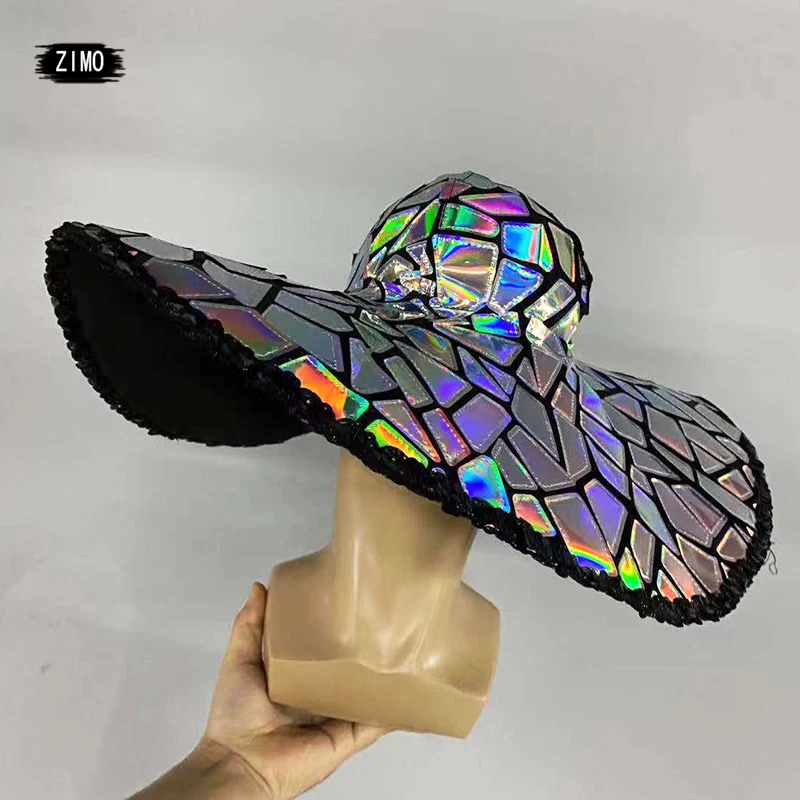 

Full Silver Gold Reflective Sequin Hats Jazz Dance Party Cosplay hat blue Women Club designer stage outfit accessories Rock Band