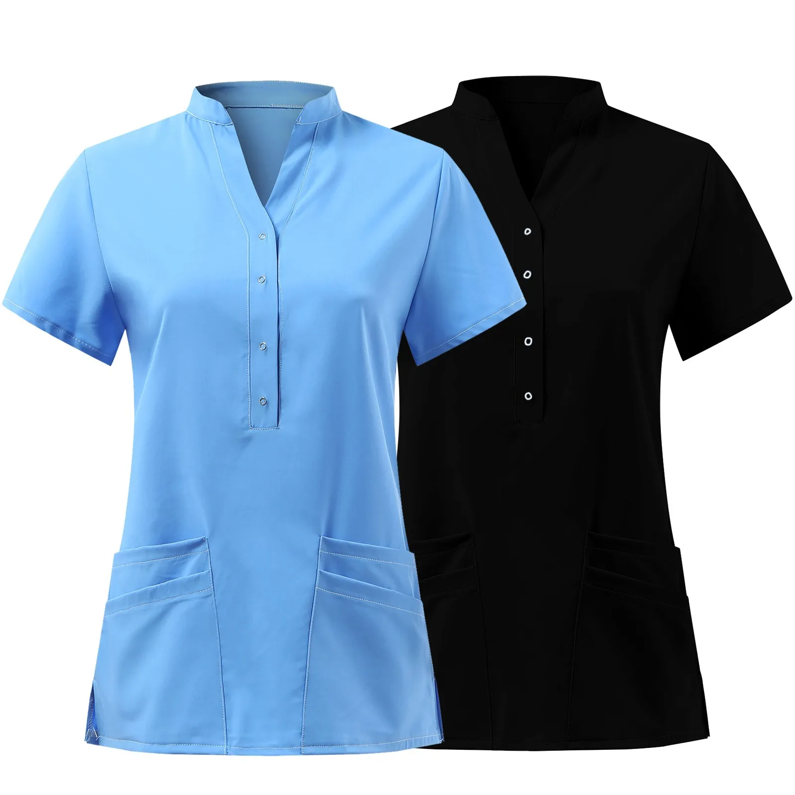 Uniforme de enfermera liso para mujer, blusa de manga corta con cuello en v, botones, bolsillo, Tops, enfermería, trabajo, uniforme médico, accesorios de enfermera