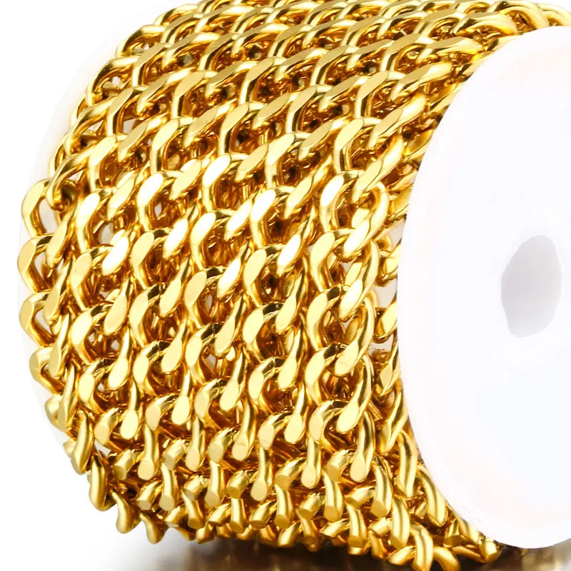 Gold Stainless Steel Cuban Link Chain For DIY Double -Side Bracelet Necklace Jewelry Making Finding Big Chains Wholesale 7mm 1M