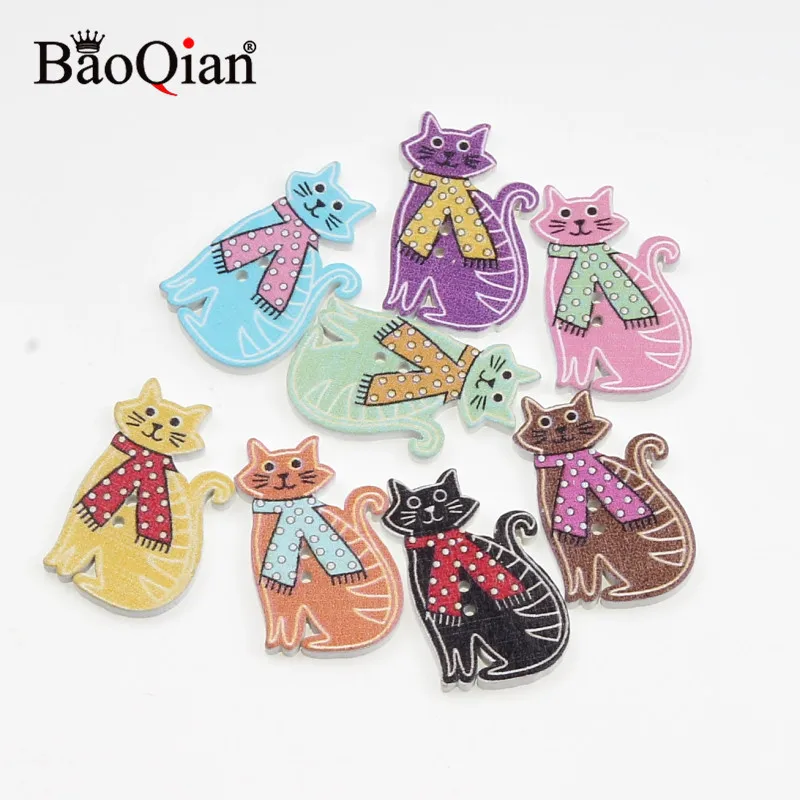 50Pcs Mixed Cat Wood Sewing Buttons For Kids Clothes Scrapbooking Decorative Crafts Botones Needlework DIY Accessories 20x30mm