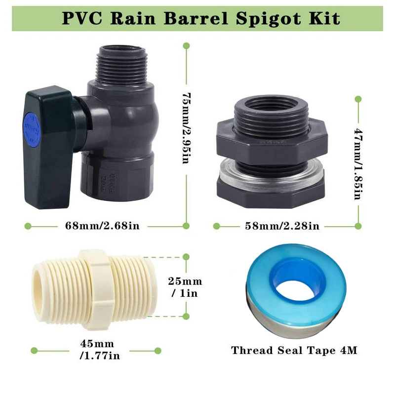 Rain Barrel Diverter Kit, Water Barrel Spigot 3/4 PVC Fittings Ball Valve with Hose Faucet Adapter for Water Tanks, Aquariums