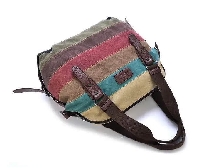 Canvas Totes Striped Womens Handbag 2024 Patchwork Rainbow Shoulder Bag Fashion Female Casual  Crossbody Bag