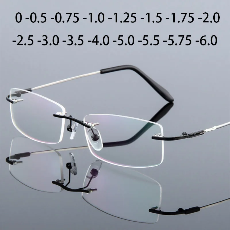 Anti Blue Light Titanium Alloy Framless Square Myopia Glasses Women Men Rimless Prescription Eyeglasses 0 -0.5 -0.75 To -6.0