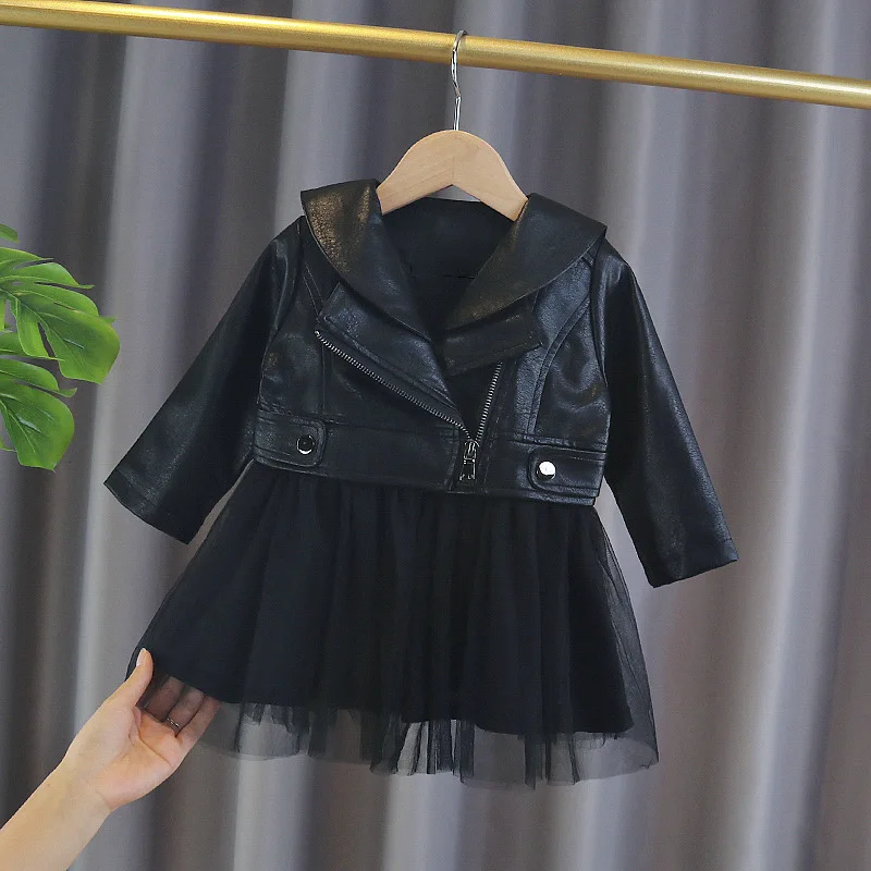 Spring baby girl clothes outfit PU leather mesh sets dress for toddler girls baby clothing 1 year birthday jacket dresses dress