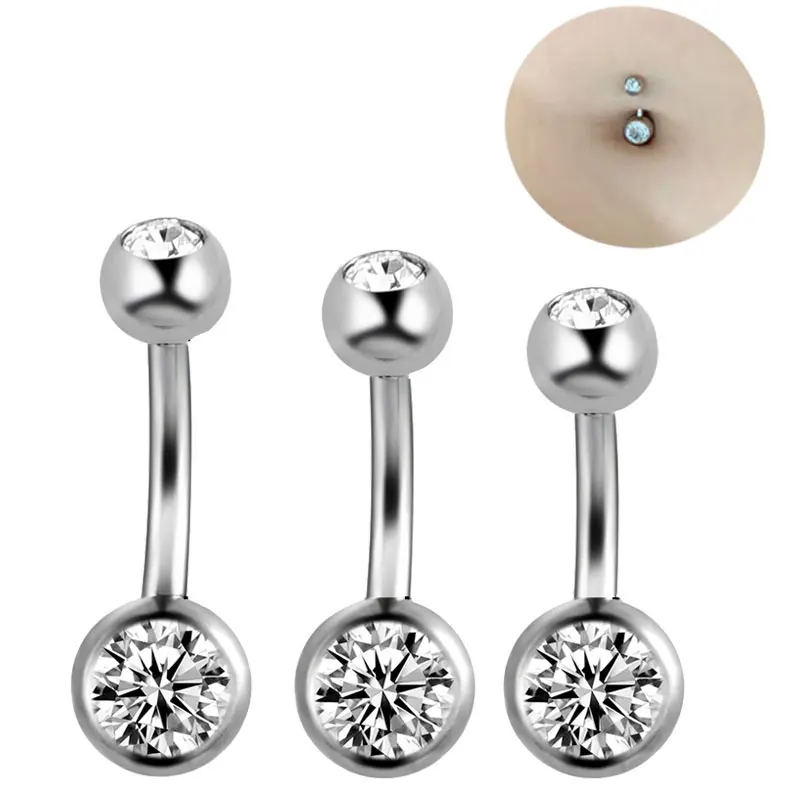 1 Piece 14G Screw Belly Ring Curved Banana Navel Bell Button Ring Clear Double Crystal Ball Body Piercing Jewelry