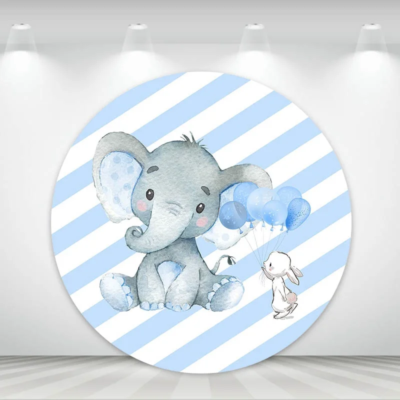 Mocsicka Little Elephant Round Backdrop Cover Blue White Stripes Balloon Baby Shower Photo Background for Photo Studio Photocall