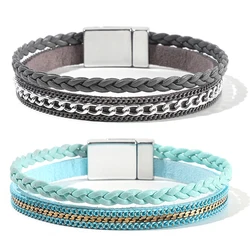 WYBU Four Style Women Multi-Layer Leather Wrap Bracelet Handmade Gray Wristband Braided Rope Cuff Bangle Magnetic Buckle Jewelry