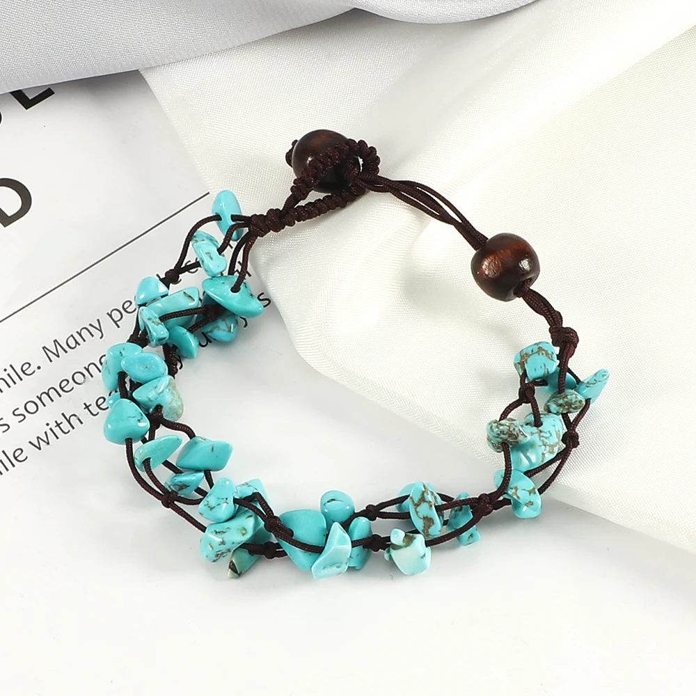 Natural Stone Beads Bracelets Handmade Gravel Strand Bracelet Women Blue Gravel Reiki Healing Bangles Anklets Jewelry Adjustable