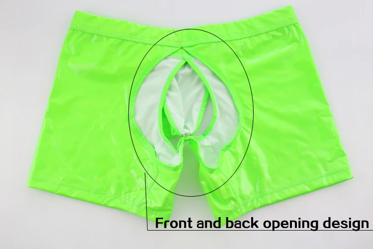 Men Long Boxer Shorts Sexy Big Penis Bag Panties Patent Leather Buttons Erotic Hollow Gay Underwear Brand Long Leg Underpants