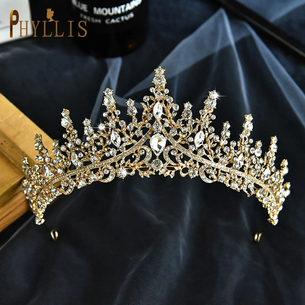 A158 Neue Goldene Braut Kronprinzessin Kopfbedeckung Geburtstag Strass Stirnband Hochzeit Haarschmuck Braut Tiaras Vintage Kopfbedeckungen