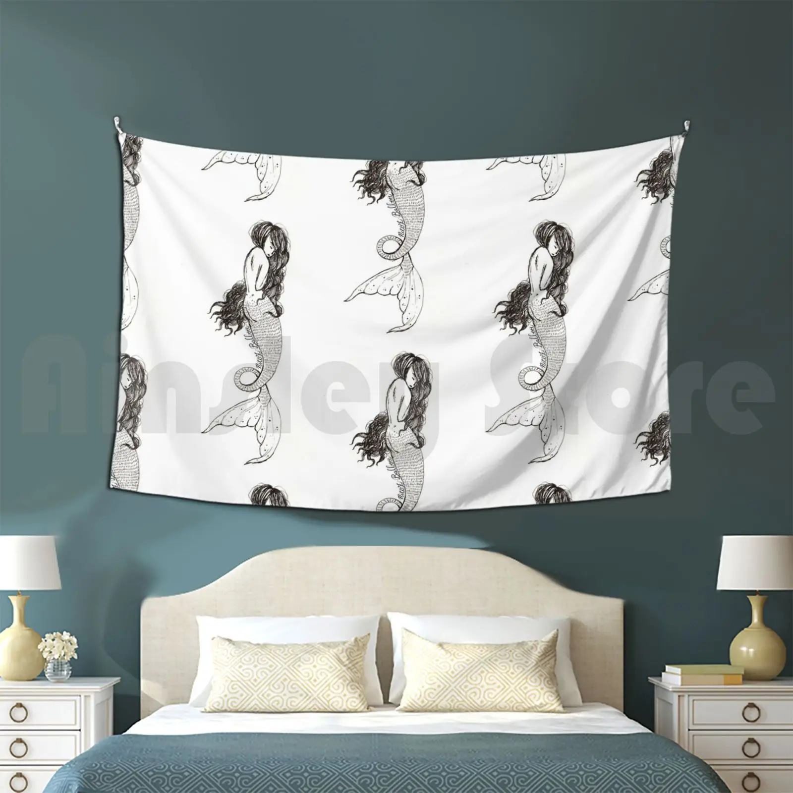 Nicoz Balboa Black And White Mermaid Introvert Tapestry Living Room Bedroom Nicoz Balboa Mermaid Comics Graphic