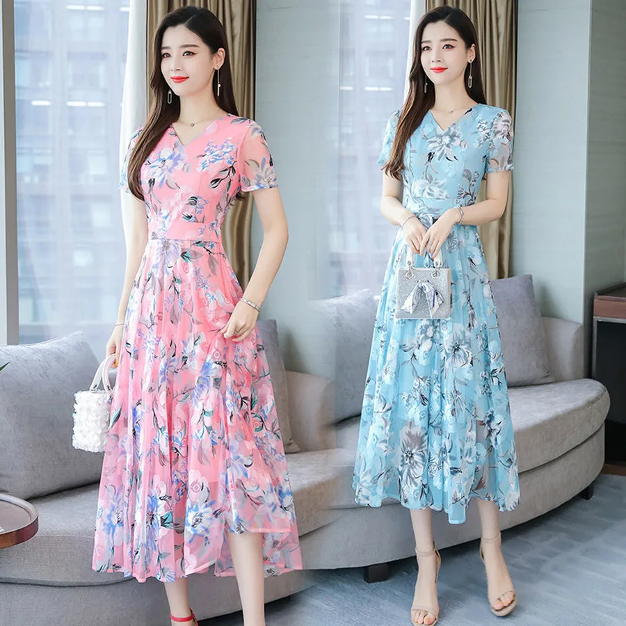 2024 Vintage ricamo Chiffon Casual Maxi Dress Summer Print Beach Midi prendisole eleganti donne Bodycon Party Evening Vestidos