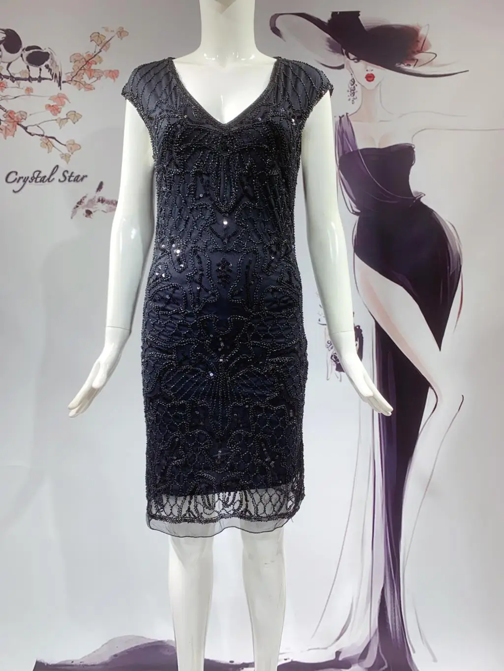 Handwork nova moda malha na altura do joelho vestido senhoras sem mangas fino saia de lantejoulas feminino baile de formatura malha topo túnica bodycon vestido ho1069