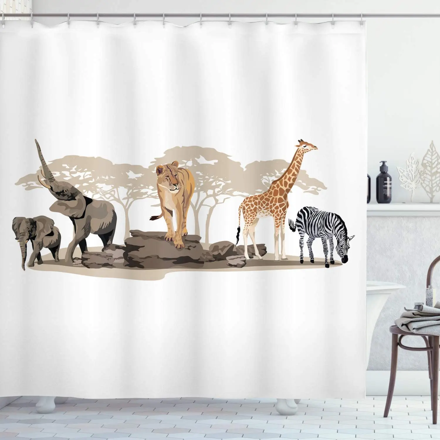 Safari Shower Curtain Illustration of Wild Savannahs Animals Exotic Giraffe Lion Elephant Zebra Bathroom Decor Set with Hooks 75