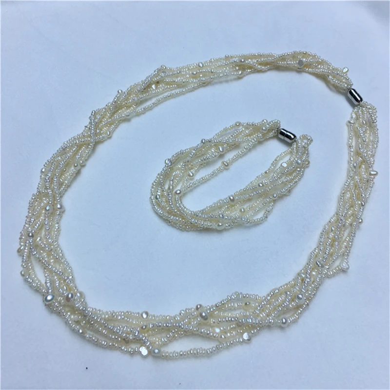 HABITOO Luxury 7 Strands 3-4mm Natural White Cultured Freshwater Pearl Necklace 20inch Bracelet 8 Inch Jewelry for Fashion Women