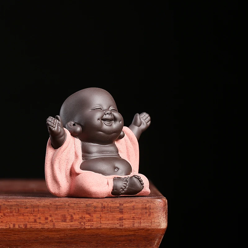 on sales one piece yixing zisha tea pet creative monk Buddha statue small size purple clay tea play smiling ornament in China