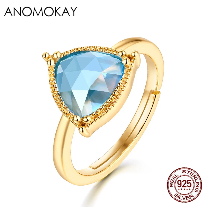 Anomokay New Creative Blue Topaz Triangle Gold Color Rings for Women Lover Gift 925 Sterling Silver One Size Rings for Party