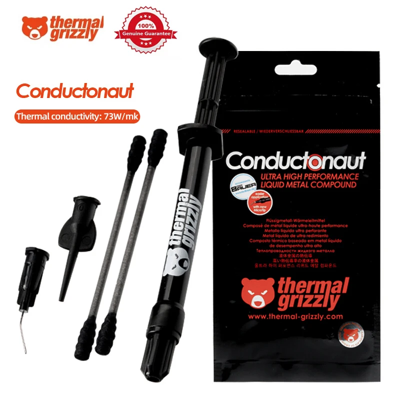 Grizzly Conductonaut-grasa térmica para refrigeración de ordenador, procesador AMD Intel, líquido, oro, Metal líquido, 73W/mk CPU GPU