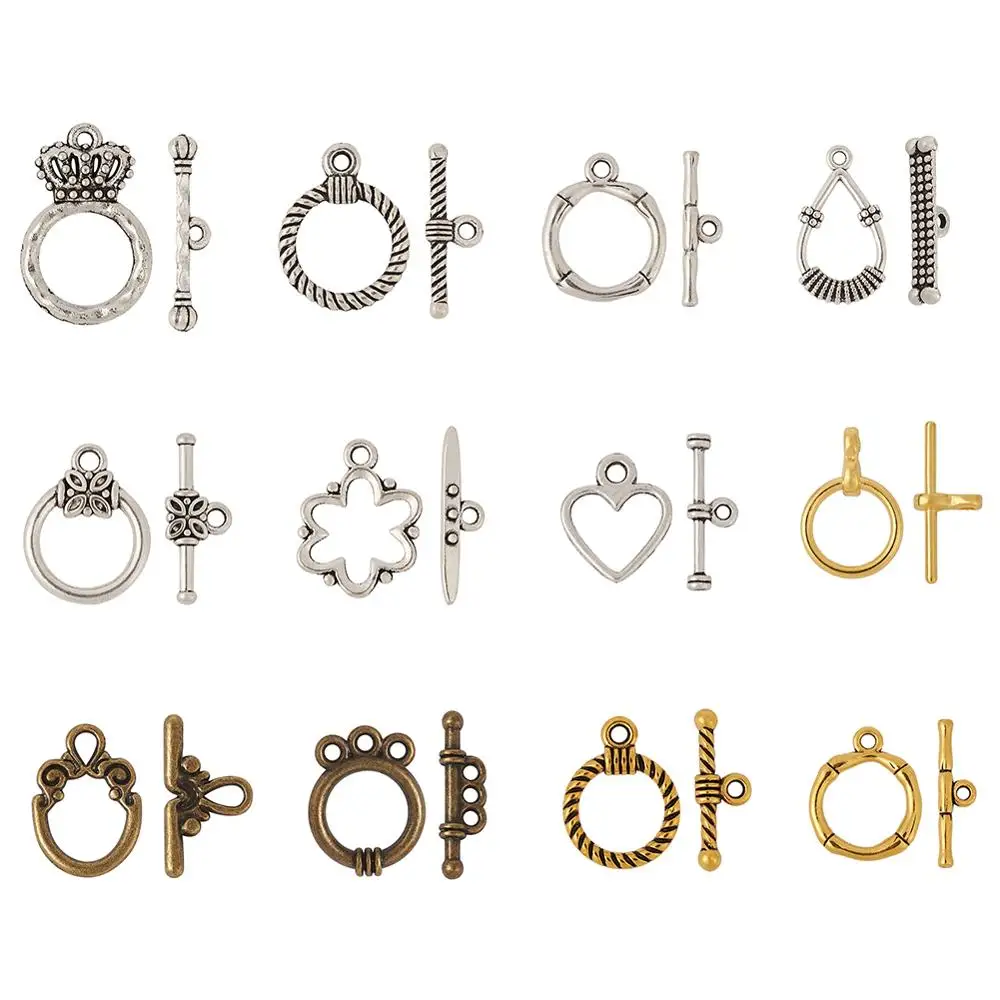 10-20Sets Tibetan Style Toggle Clasps for Jewelry Making DIY Flat Round Silver Golden Platinum Rose Gold Toggle 15x2mm Hole: 2mm