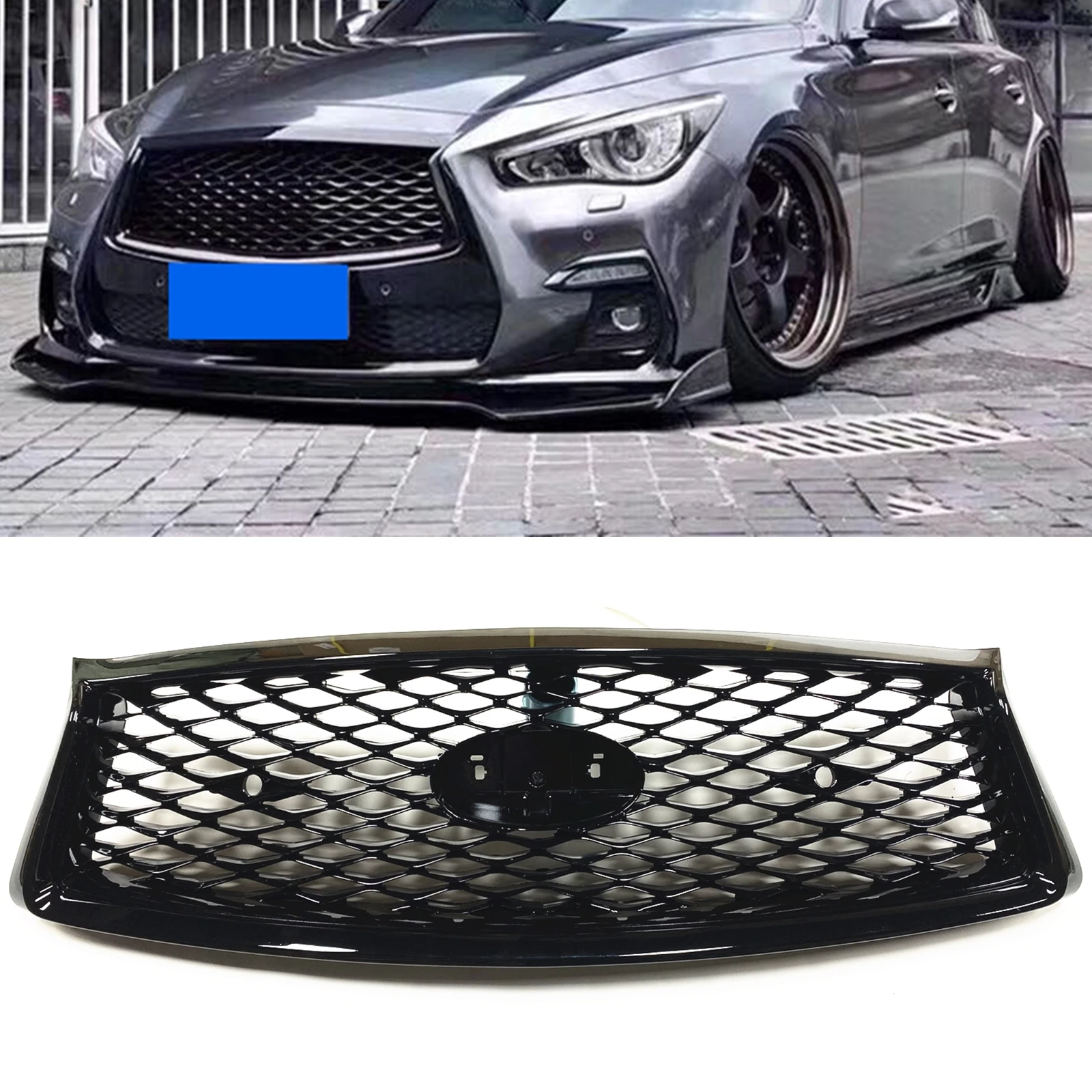 

Front Grille Racing Grills For Infiniti Q50 Q50S 2018-2023 All Models Honeycomb Style Gloss Black Upper Bumper Hood Mesh Grid