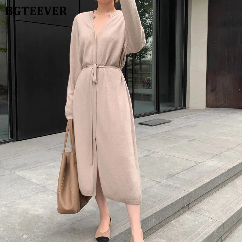 BGTEEVER Vintage Women Knitted Dress Autumn Winter Brief V-neck Warm Drawstring Lace-up Loose Midi Female Sweater Dress 2020