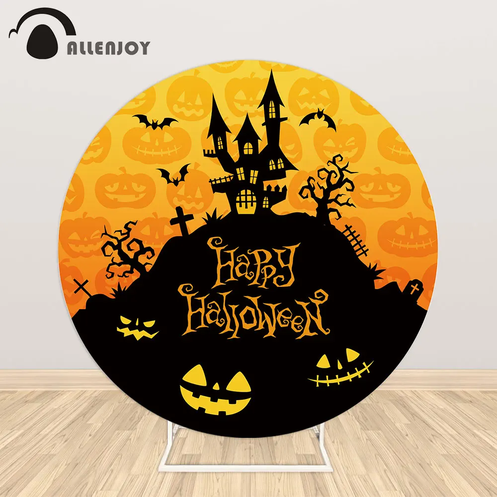 

Allenjoy Halloween Round Backdrop Pumpkin Lantern Castle Bat Tombstone Cross Circle Background Child Birthday Candy Table Cover