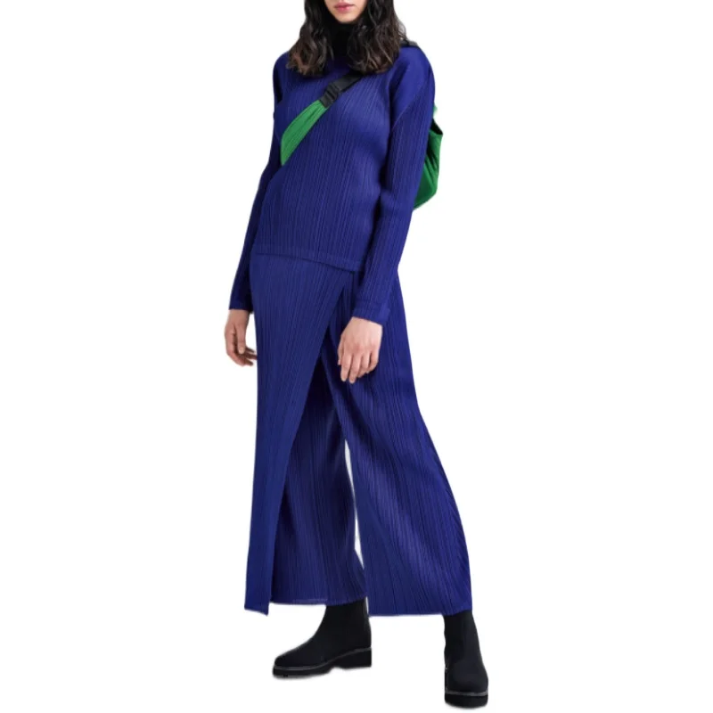 Miyake Pleated Pants Korean Fashion Elegant Casual Wide Leg Trousers Women A Button Pants Skirt